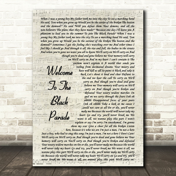 My Chemical Romance Welcome To The Black Parade Song Lyric Vintage Script Print