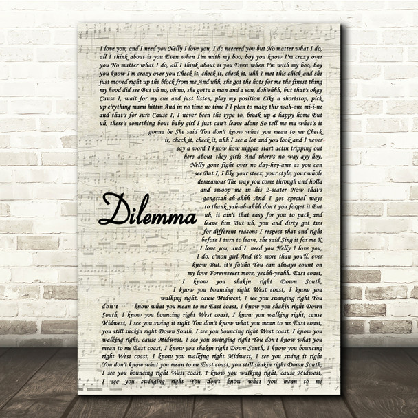 Nelly & Kelly Rowland Dilemma Vintage Script Song Lyric Quote Print