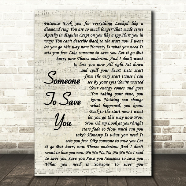 OneRepublic Someone To Save You Vintage Script Song Lyric Quote Print