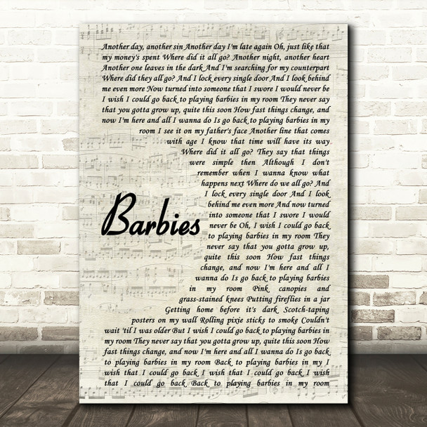 Pink Barbies Vintage Script Song Lyric Quote Print