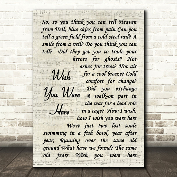 Pink Floyd Wish You Were Here Song Lyric Vintage Script Quote Print