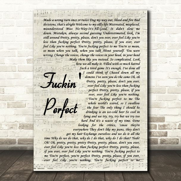 Pink Fuckin' Perfect Vintage Script Song Lyric Quote Print