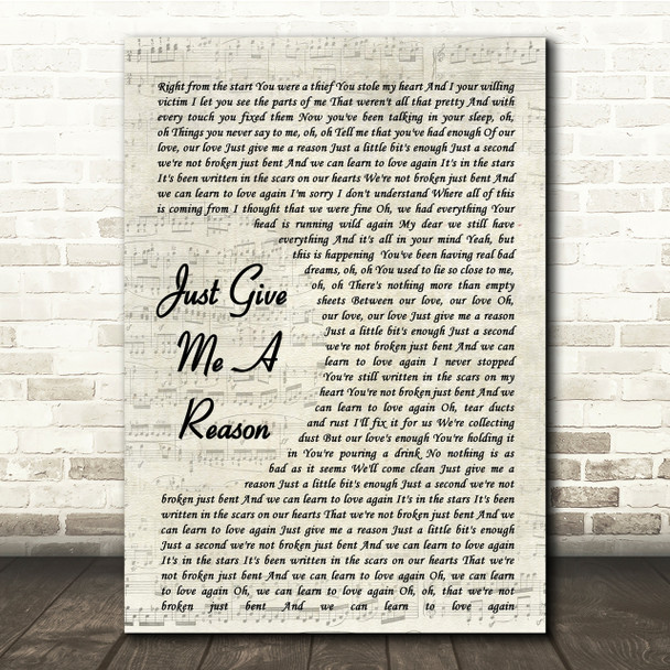 Pink Just Give Me A Reason Vintage Script Song Lyric Quote Print
