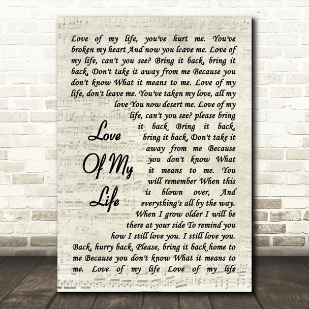 Queen Love Of My Life Song Lyric Vintage Script Quote Print