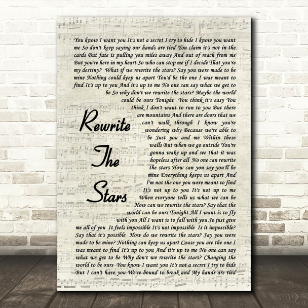 Rewrite The Stars The Greatest Showman Song Lyric Vintage Script Quote Print