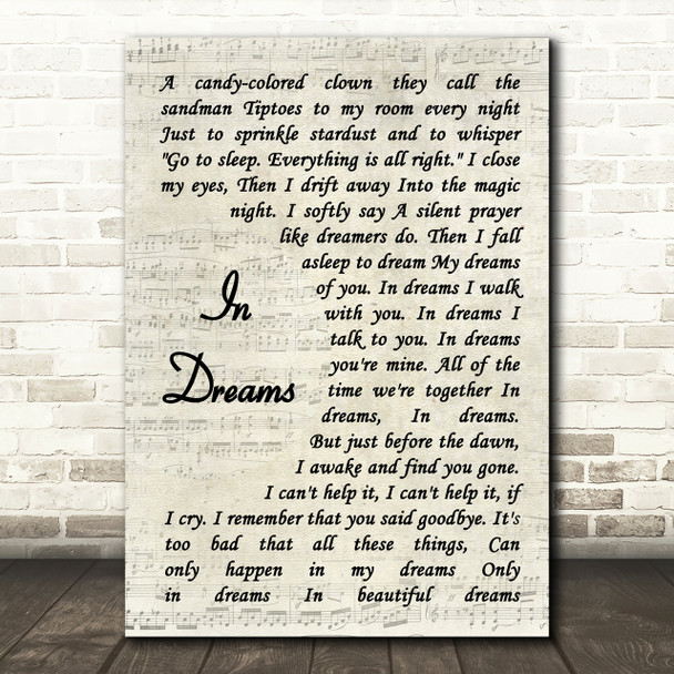 Roy Orbison In Dreams Vintage Script Song Lyric Quote Print