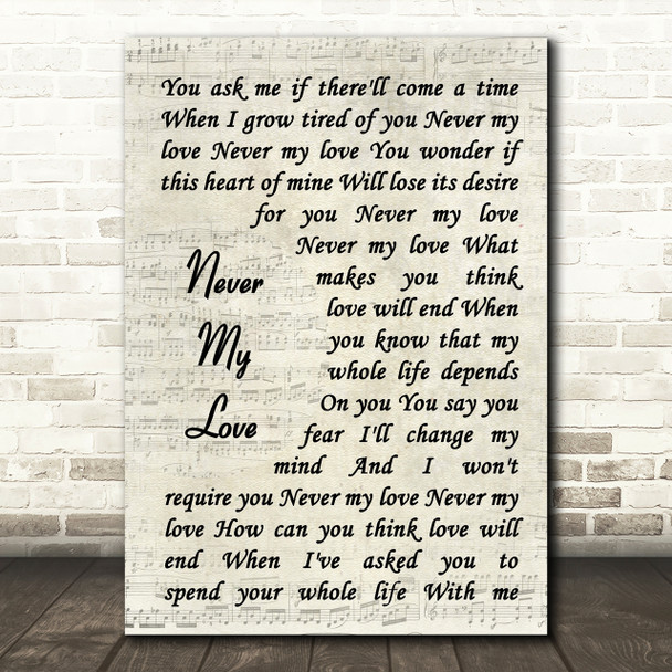 The Association Never My Love Song Lyric Vintage Script Quote Print