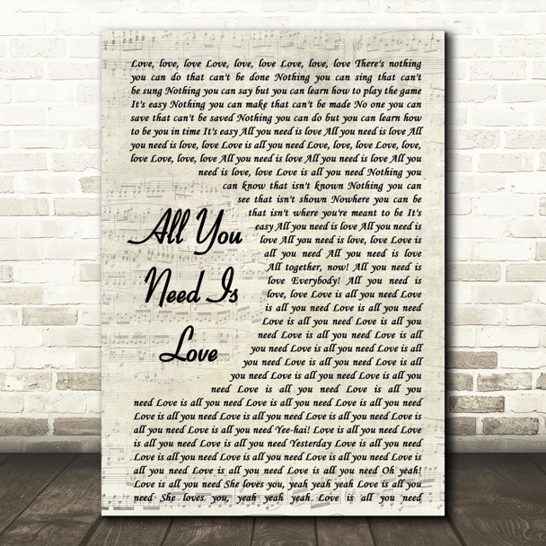 The Beatles All You Need Is Love Song Lyric Vintage Script Quote Print