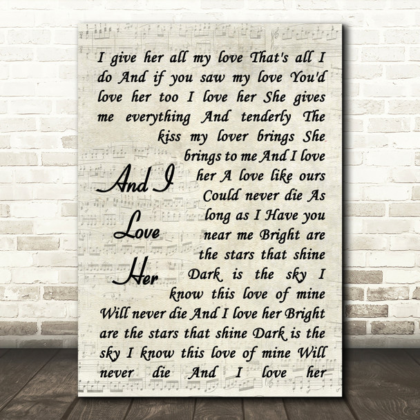 The Beatles And I Love Her Song Lyric Vintage Script Quote Print The Beatles And I Love Her Song Lyric Vintage Script Quote Print
