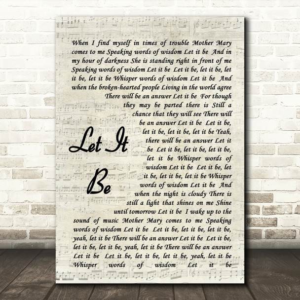 The Beatles Let It Be Vintage Script Song Lyric Quote Print