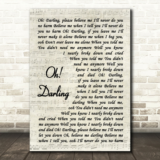 The Beatles Oh! Darling Vintage Script Song Lyric Quote Print