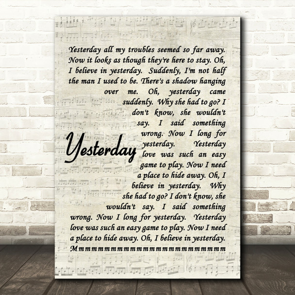 The Beatles Yesterday Quote Song Lyric Print