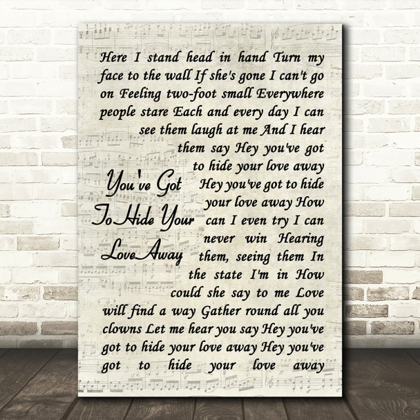 The Beatles You've Got To Hide Your Love Away Vintage Script Song Lyric Print