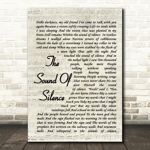 The Sound Of Silence Simon & Garfunkel Song Lyric Vintage Script Quote Print