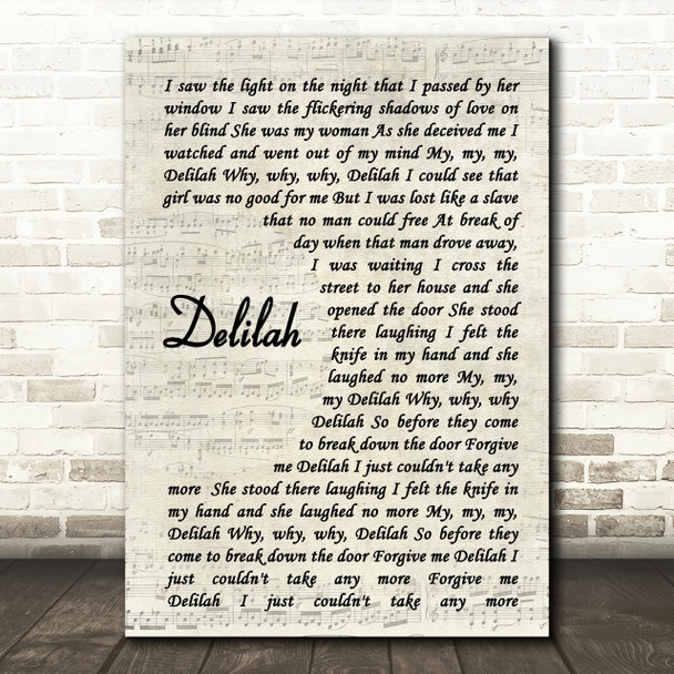 Tom Jones Delilah Vintage Script Song Lyric Quote Print