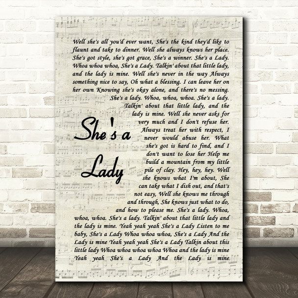 Tom Jones She's A Lady Vintage Script Song Lyric Quote Print