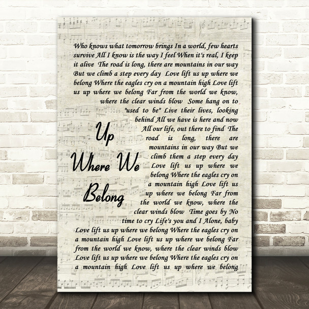 Up Where We Belong Joe Cocker Song Lyric Vintage Script Quote Print