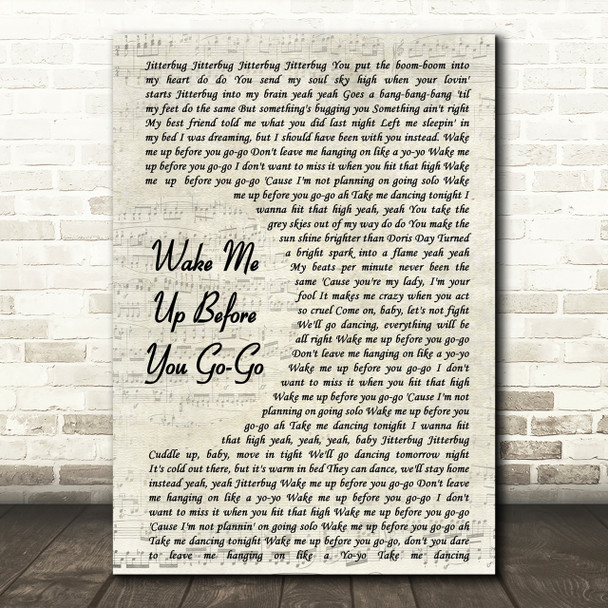 Wham Wake Me Up Before You Go-Go Song Lyric Vintage Script Quote Print