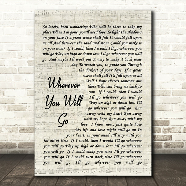 Wherever You Will Go Charlene Soraia Song Lyric Vintage Script Quote Print