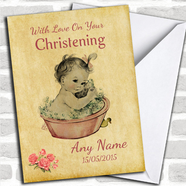 Pretty Vintage Baby Girl Personalized Christening Card