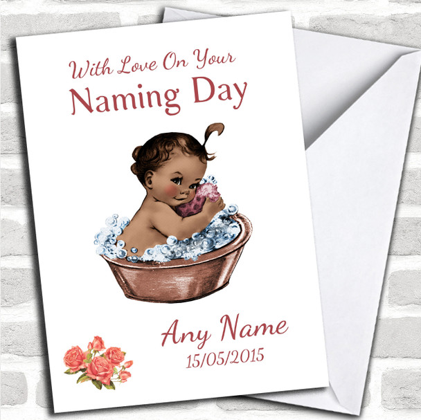 Cute Vintage Black Baby Girl Personalized Naming Day Card