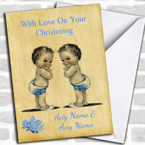 Baby Twin Boys Personalized Christening Card