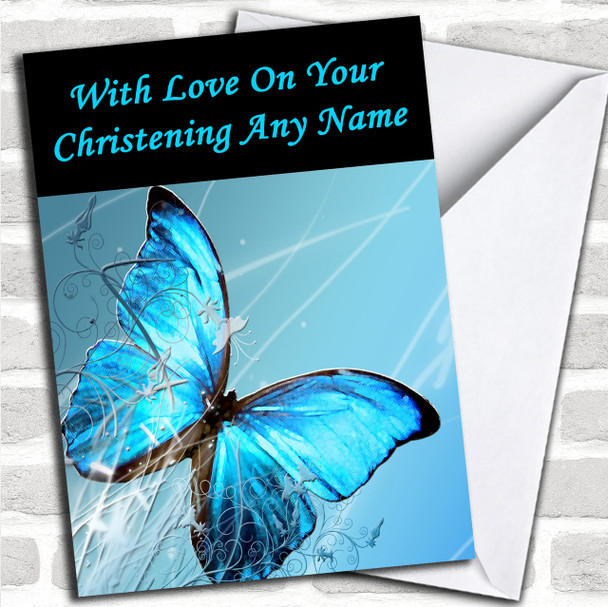 Blue Butterfly Personalized Christening Card