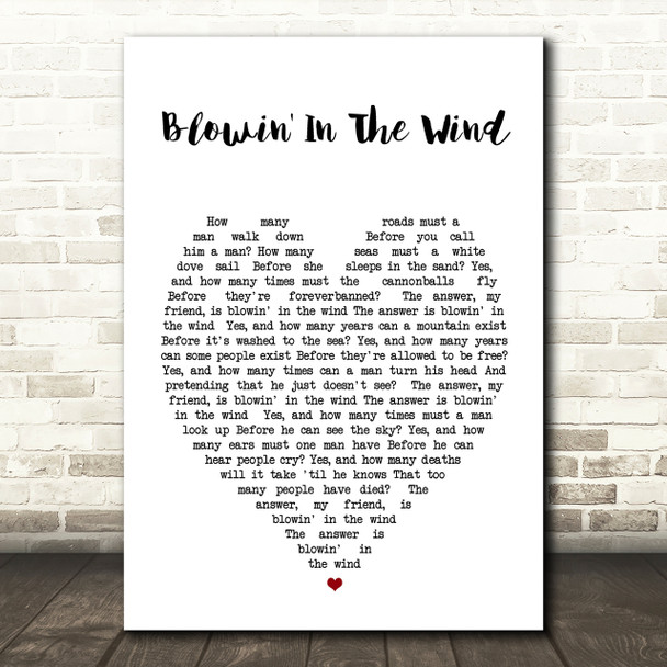 Blowin' In The Wind Bob Dylan Heart Quote Song Lyric Print