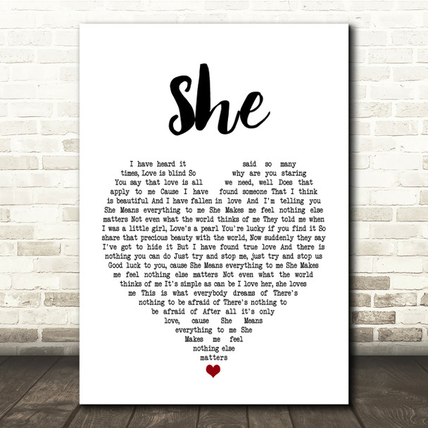 Jen foster She White Heart Song Lyric Quote Print
