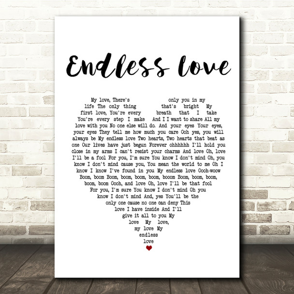 Lionel Richie & Mariah Carey Endless Love White Heart Song Lyric Quote Print