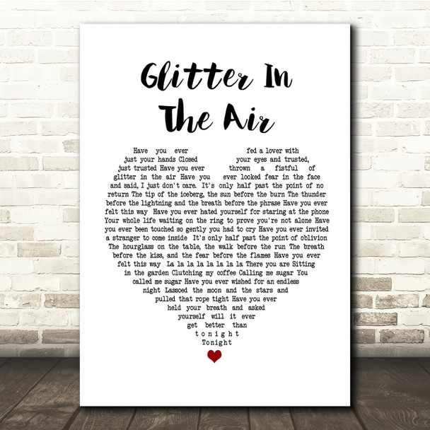 Pink Glitter In The Air White Heart Song Lyric Quote Print