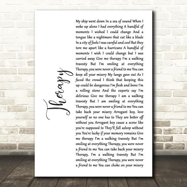 All Time Low Therapy White Script Song Lyric Quote Print