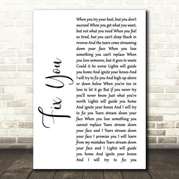 Coldplay Fix You White Script Song Lyric Quote Print