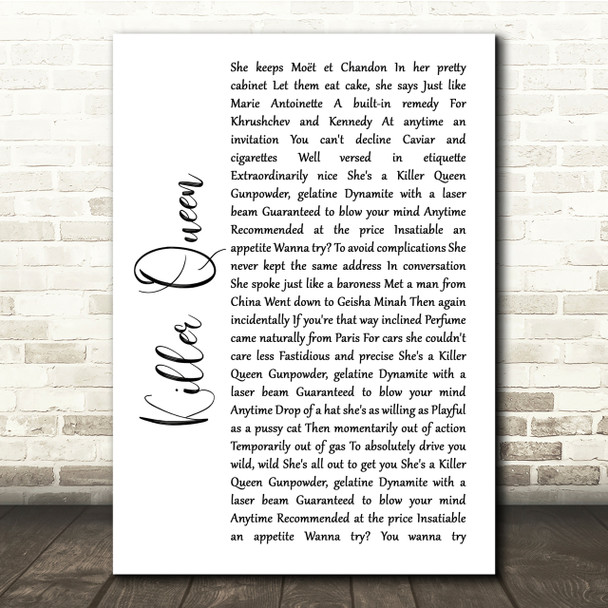 Queen Killer Queen White Script Song Lyric Quote Print