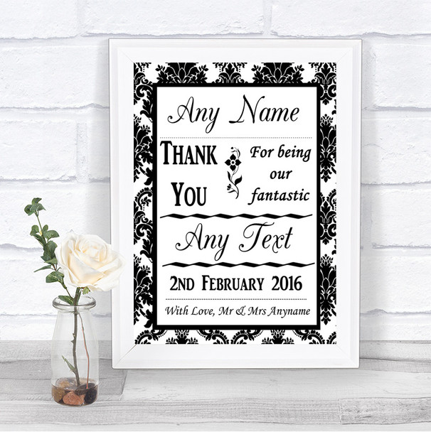 Black & White Damask Thank You Bridesmaid Page Boy Best Man Wedding Sign