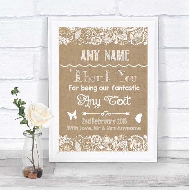 Burlap & Lace Thank You Bridesmaid Page Boy Best Man Personalized Wedding Sign