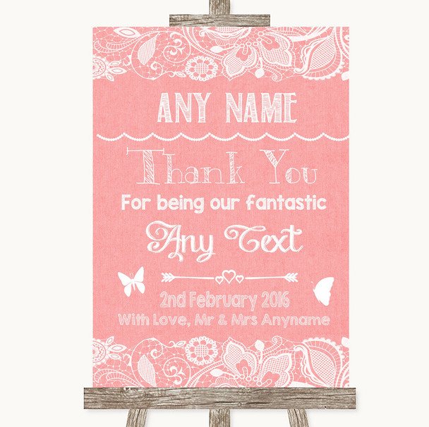 Coral Burlap & Lace Thank You Bridesmaid Page Boy Best Man Wedding Sign