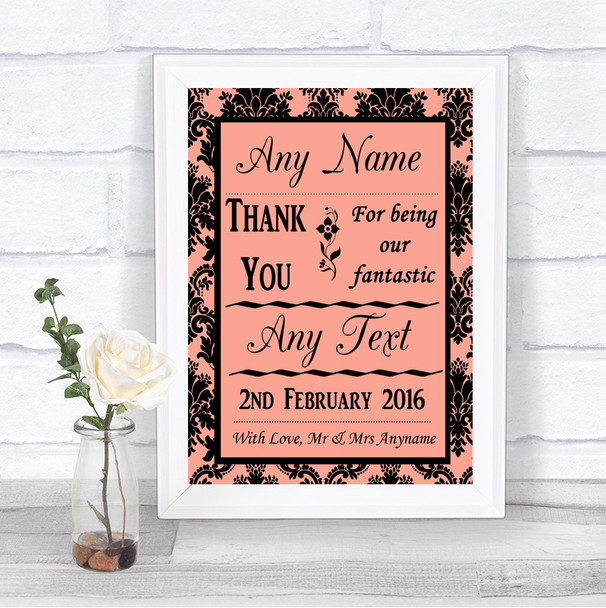 Coral Damask Thank You Bridesmaid Page Boy Best Man Personalized Wedding Sign
