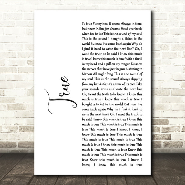 Spandau Ballet True White Script Song Lyric Quote Print