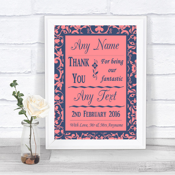 Coral Pink & Blue Thank You Bridesmaid Page Boy Best Man Wedding Sign