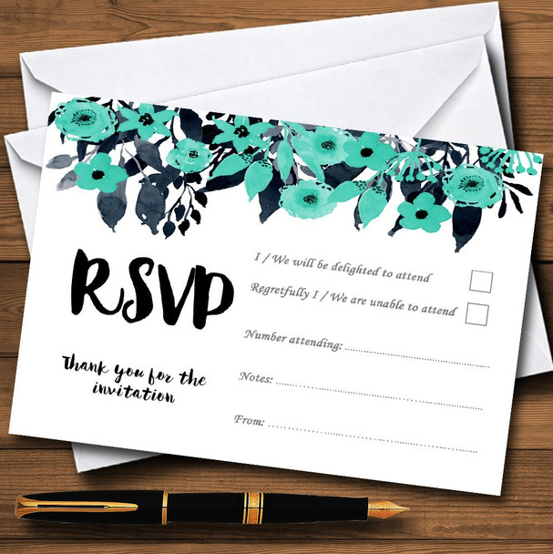 Watercolour Black & Aqua Green Floral Header Personalized RSVP Cards