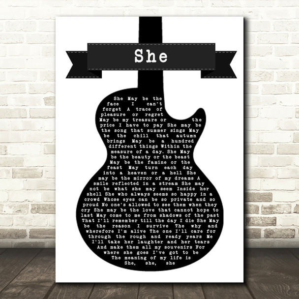 Elvis Costello She Black & White Guitar Song Lyric Print