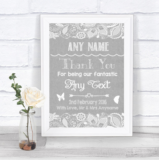 Grey Burlap & Lace Thank You Bridesmaid Page Boy Best Man Wedding Sign