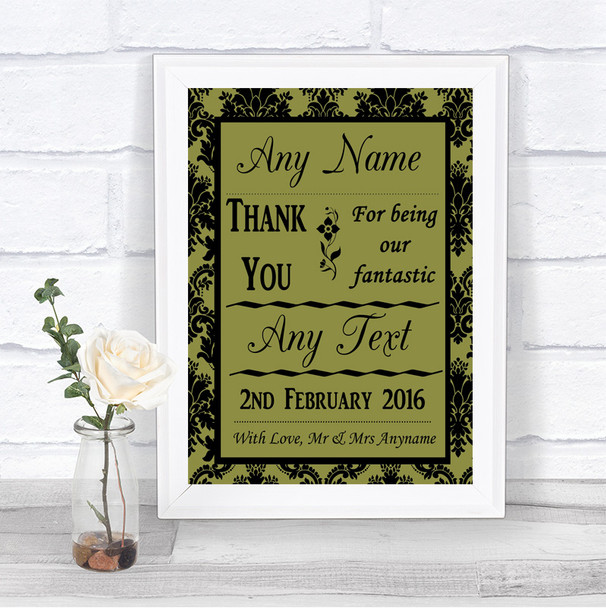 Olive Green Damask Thank You Bridesmaid Page Boy Best Man Wedding Sign