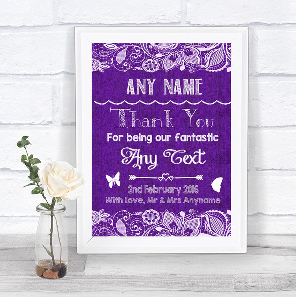 Purple Burlap & Lace Thank You Bridesmaid Page Boy Best Man Wedding Sign