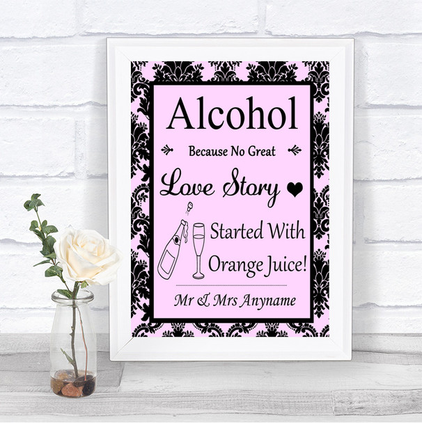 Baby Pink Damask Alcohol Bar Love Story Personalized Wedding Sign