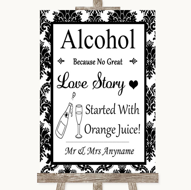 Black & White Damask Alcohol Bar Love Story Personalized Wedding Sign