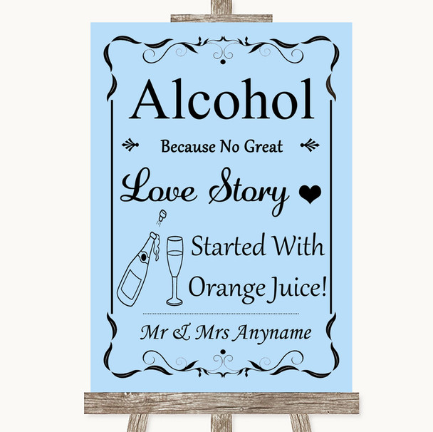 Blue Alcohol Bar Love Story Personalized Wedding Sign