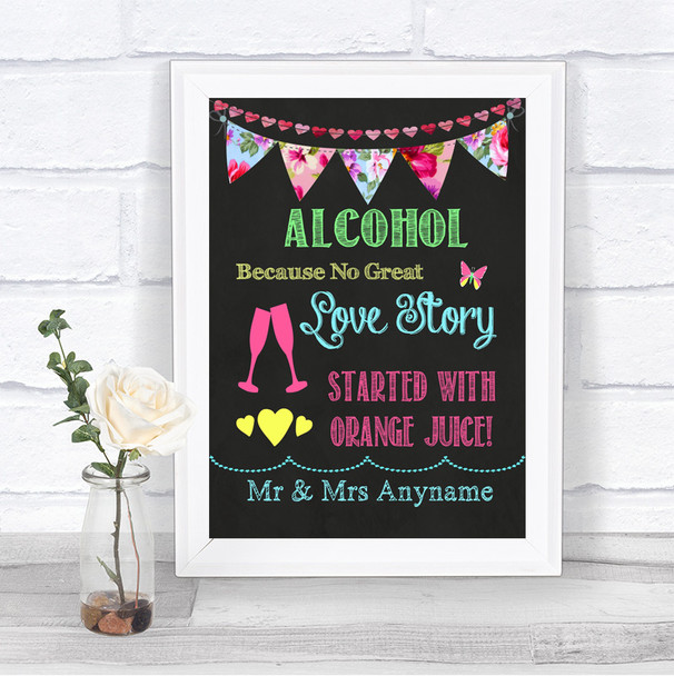 Bright Bunting Chalk Alcohol Bar Love Story Personalized Wedding Sign