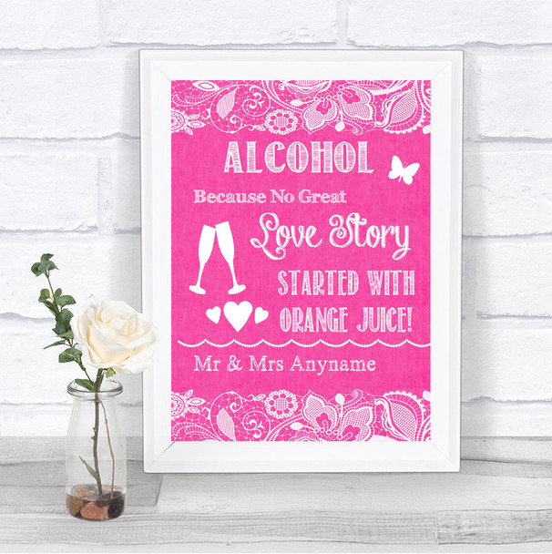 Bright Pink Burlap & Lace Alcohol Bar Love Story Personalized Wedding Sign